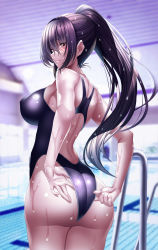 Rule 34 | 1girl, adjusting clothes, adjusting swimsuit, ass, back, black hair, black one-piece swimsuit, blurry, blurry background, blush, breasts, brown eyes, commentary request, competition swimsuit, covered erect nipples, grin, highres, indoors, large breasts, long hair, looking at viewer, one-piece swimsuit, original, ponytail, pool, pool ladder, school swimsuit, sidelocks, smile, solo, standing, swimsuit, teeth, wet, yuuzuki hijiri