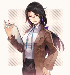 Rule 34 | 1girl, black hair, black pants, blue neckwear, border, brown coat, clipboard, coat, collared shirt, commentary request, dress shirt, earrings, glasses, holding, holding clipboard, hyakuhachi (over3), jewelry, long hair, low tied hair, open clothes, open coat, open mouth, original, pants, patterned background, purple eyes, shirt, shirt tucked in, white border, white shirt