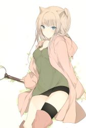 Rule 34 | 1girl, animal ears, black thighhighs, blonde hair, blouse, blue eyes, boots, breasts, cat ears, cleavage, contrapposto, green shirt, holding, holding staff, hood, hooded coat, long hair, lpip, medium breasts, original, pink footwear, shirt, shirt slip, short shorts, shorts, side ponytail, single thighhigh, solo, staff, standing, thigh boots, thighhighs, thighs, white background