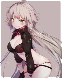 Rule 34 | 1girl, ahoge, artist name, between legs, bikini, black bikini, black gloves, black jacket, blush, breasts, cleavage, closed mouth, cowboy shot, cropped jacket, fate/grand order, fate (series), flame print, glint, gloves, grey background, groin, hand between legs, highres, jacket, jeanne d&#039;arc alter (swimsuit berserker) (fate), jeanne d&#039;arc (fate), jeanne d&#039;arc alter (fate), jeanne d&#039;arc alter (swimsuit berserker) (fate), kaxukin, large breasts, leaning forward, light particles, long hair, looking at viewer, lowleg, lowleg bikini, silver hair, simple background, smile, solo, standing, swimsuit, v-shaped eyebrows, very long hair, yellow eyes