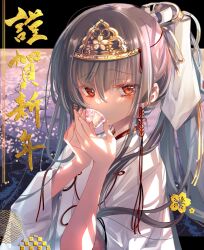 Rule 34 | 1girl, cherry blossoms, commentary request, cup, grey hair, happy new year, headpiece, highres, holding, holding cup, japanese clothes, kamisama no enmusubi, kamizuki shiki, kimono, long hair, looking at viewer, new year, ponytail, red eyes, solo, white kimono
