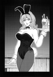 Rule 34 | 1girl, animal ears, bow, bowtie, breasts, cleavage, drink, fake animal ears, female focus, gradient background, highres, large breasts, leotard, long hair, looking at viewer, lupin iii, mine fujiko, monochrome, pantyhose, playboy bunny, rabbit ears, rippadou, smile, solo, standing, tail, thighhighs, tms entertainment, wrist cuffs