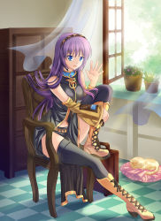 Rule 34 | 1girl, bad id, bad pixiv id, bare shoulders, blue eyes, boots, cat, detached sleeves, headset, highres, knee boots, long hair, megurine luka, pico (picollector79), purple hair, sitting, solo, thighhighs, tsurime, vocaloid, waving, window