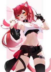 Rule 34 | 1girl, animal ears, cat ears, cat girl, cat tail, highres, looking at viewer, nail polish, nekota tsuna, orange eyes, red hair, simple background, solo, tail, thighs, user jzpt8732, virtual youtuber, vspo!, white background