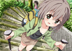 Rule 34 | 10s, 2girls, absurdres, backpack, bag, bottle, bra, breasts, brown hair, camisole, collarbone, downblouse, green eyes, highres, hiking, hiking pole, jacket, kuraue hinata, leaf, long sleeves, looking at viewer, mousou (mousou temporary), multiple girls, open clothes, open jacket, open mouth, outdoors, short hair, skirt, small breasts, smile, solo focus, stairs, tree, underwear, water bottle, white bra, yama no susume, yukimura aoi