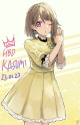 Rule 34 | 1girl, ;o, absurdres, birthday, character name, commentary, dated, dress, earrings, english text, happy birthday, highres, jewelry, light brown hair, looking at viewer, love live!, love live! nijigasaki high school idol club, nakasu kasumi, one eye closed, ootato, pink eyes, short hair, solo, two-tone background, white background, yellow background, yellow dress