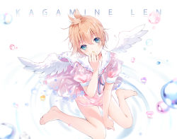 Rule 34 | 1boy, ahoge, angel wings, aqua eyes, bare arms, bare legs, barefoot, blonde hair, blue flower, blue ribbon, blurry, blush, character name, depth of field, detached wings, feathered wings, flower, from above, hand to own mouth, head tilt, heart, highres, hmniao, kagamine len, looking at viewer, male focus, nail polish, neck ribbon, pink shirt, ponytail, puffy short sleeves, puffy sleeves, ribbon, ripples, sailor collar, see-through, shirt, short sleeves, sitting, smile, solo, vocaloid, wariza, water drop, white background, white sailor collar, white wings, wings, yellow nails
