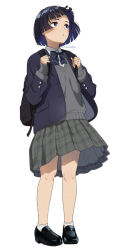 Rule 34 | 1girl, :o, backpack, bag, bare legs, black bow, black bowtie, black footwear, black hair, blazer, blue eyes, blush, bob cut, bow, bowtie, colored inner hair, full body, grey skirt, jacket, loafers, long sleeves, looking away, looking up, mattaku mousuke, medium skirt, multicolored hair, open clothes, open jacket, original, parted lips, pigeon-toed, plaid, plaid skirt, pleated skirt, purple hair, purple jacket, school uniform, shoes, short hair, simple background, skirt, socks, solo, standing, striped bow, striped bowtie, striped clothes, striped neckwear, sweater vest, white background, white socks