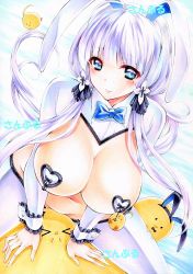 Rule 34 | 1girl, animal ears, azur lane, blue eyes, blush, breasts, closed mouth, covered erect nipples, fake animal ears, hair ribbon, heart pasties, illustrious (azur lane), large breasts, latex, latex legwear, long hair, looking at viewer, manjuu (azur lane), marker (medium), meme attire, mole, mole under eye, pasties, rabbit ears, revealing clothes, reverse bunnysuit, reverse outfit, ribbon, shrug (clothing), smile, stomach, thighhighs, traditional media, tress ribbon, tri tails, white hair, wrist cuffs, yqgkg