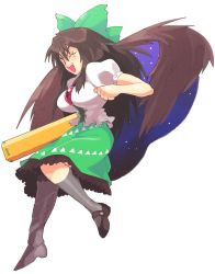 Rule 34 | 1girl, arm cannon, asymmetrical footwear, bird wings, black socks, blinking, blouse, bow, breasts, brown hair, brown wings, buttons, cape, collared shirt, frilled shirt, frilled skirt, frills, green bow, green skirt, hair bow, highres, inkerton-kun, kneehighs, long hair, medium breasts, mismatched footwear, ponytail, puffy short sleeves, puffy sleeves, reiuji utsuho, shirt, shoes, short sleeves, single shoe, skirt, smile, socks, starry sky print, third eye, touhou, weapon, white background, white cape, white shirt, wings