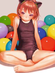 Rule 34 | 1girl, animal ears, arm support, bare legs, barefoot, bob cut, brown eyes, brown hair, cat ears, cat tail, colored eyelashes, fake animal ears, feet, flat chest, futuregraph, hairband, highres, indian style, leaning back, murata range, one-piece swimsuit, scan, school swimsuit, short hair, sitting, solo, swimsuit, tail, taut clothes, taut swimsuit, toes