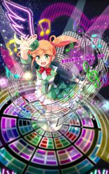 Rule 34 | 1girl, arm up, blazer, blunt bangs, bow, bowtie, frilled skirt, frills, green eyes, green footwear, hair ornament, hat, heart, highres, idol, jacket, kyoumu (mgcmkyomu), looking at viewer, magicami, musical note, oikawa iko, orange hair, shirt, shoes, skirt, sleeves rolled up, smile, stage, stage lights, twintails, white shirt