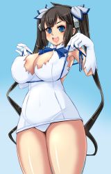 Rule 34 | 1girl, black hair, blue background, blue ribbon, breasts, cleavage, cleavage cutout, clothing cutout, commentary request, dress, dungeon ni deai wo motomeru no wa machigatteiru darou ka, gloves, gradient background, hestia (danmachi), large breasts, long hair, nanashi mushi, open mouth, panties, rei no himo, ribbon, round teeth, solo, teeth, twintails, underwear, upper teeth only, white dress, white gloves, white panties