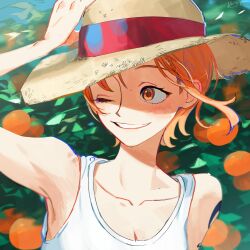 Rule 34 | 1girl, arm up, armpits, bare arms, bare shoulders, blurry, blurry background, collarbone, commentary, doodlz1p, food, fruit, hand on headwear, hat, highres, light blush, looking to the side, mandarin orange, nami (one piece), one eye closed, one piece, orange eyes, orange hair, orange tree, outdoors, parted lips, short hair, shoulder tattoo, smile, solo, straw hat, symbol-only commentary, tank top, tattoo, upper body, white tank top