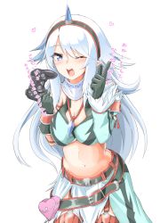 Rule 34 | 1girl, absurdres, blue eyes, controller, fake horns, female focus, game controller, hairband, highres, horns, jewelry, kirin (armor), long hair, midriff, monster hunter (series), navel, necklace, niwaka potato, one eye closed, open mouth, pointy ears, simple background, solo, white background, white hair