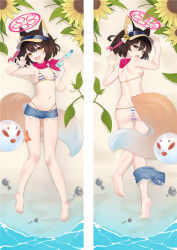 Rule 34 | 1girl, :d, animal ears, ass, backboob, bare shoulders, beach, bikini, bikini under shorts, blue archive, blush, bottle, breasts, brown hair, flower, fox ears, fox girl, fox shadow puppet, fox tail, full body, hair between eyes, hair flower, hair ornament, halo, hands up, hat, holding, holding bottle, izuna (blue archive), izuna (swimsuit) (blue archive), lying, medium hair, moeanime, on back, on ground, open mouth, pink scarf, sand, scarf, shorts, shorts around one leg, small breasts, smile, string bikini, striped bikini, striped clothes, sunflower, sunflower hair ornament, swimsuit, tail, thighs, torn clothes, torn shorts, yellow eyes, yellow flower
