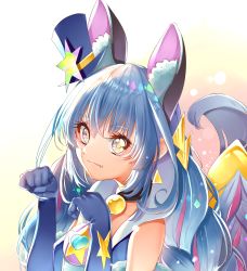 Rule 34 | 1girl, absurdres, animal ears, blue gloves, blue hair, blue hat, closed mouth, collar, cure cosmo, elbow gloves, fang, fang out, fox ears, fox tail, gloves, grey eyes, hair between eyes, hat, hat ornament, highres, long hair, magical girl, paw pose, precure, simple background, solo, star (symbol), star hat ornament, star twinkle precure, tail, upper body, very long hair, white background, yuni (precure), yuutarou (fukiiincho)