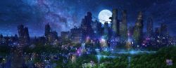 Rule 34 | artist name, black sky, building, commentary request, full moon, highres, horizon, meteor, moon, night, night sky, no humans, original, overgrown, post-apocalypse, real world location, ruins, scenery, sky, skyscraper, star (sky), starry sky, tokyogenso, water, waterfall