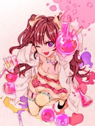 Rule 34 | 1girl, breasts, brown hair, cleavage, dress, erlenmeyer flask, flask, from above, gacho p, holding, holding flask, ichinose shiki, idolmaster, idolmaster cinderella girls, long hair, looking at viewer, one eye closed, open mouth, potion, purple eyes, round-bottom flask, small breasts, smile, solo, thighhighs, wavy hair, zettai ryouiki