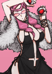 1girl, arm up, black dress, breasts, cleavage, clothing cutout, cowboy shot, creatures (company), cross, dress, elite four, expressionless, feather boa, game freak, ggarden, hand up, head tilt, highres, holding, holding poke ball, inverted cross, large breasts, looking at viewer, malva (pokemon), navel, nintendo, parted lips, pink-tinted eyewear, pink-tinted glasses, pink background, pink hair, poke ball, poke ball (basic), pokemon, pokemon (game), pokemon xy, red-tinted eyewear, short hair with long locks, side-tie dress, side slit, sideboob, sidelocks, simple background, sleeveless, sleeveless dress, solo, sunglasses, team flare, tinted eyewear