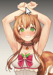 Rule 34 | 1girl, @ @, acorn pendant, animal ears, armpits, arms up, ayunda risu, ayunda risu (1st costume), blush, bow, breasts, brown choker, brown hair, choker, cleavage, cursor, dress, embarrassed, eyebrows hidden by hair, fur choker, gradient background, green eyes, grey background, highres, hololive, hololive indonesia, kangbus, long hair, looking at viewer, low twintails, medium breasts, nervous smile, parted lips, red bow, smile, solo, squirrel ears, squirrel girl, squirrel tail, strapless, strapless dress, sweat, tail, tearing up, tears, twintails, upper body, virtual youtuber, white dress