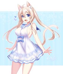 Rule 34 | 1girl, animal ears, blonde hair, blue eyes, bow, breasts, cat ears, cat tail, dated, dress, heart, konshin, large breasts, long hair, open mouth, phantasy star, phantasy star online 2, sideboob, signature, solo, standing, tail, twintails, white dress