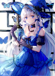 Rule 34 | 1girl, absurdres, blue eyes, blue theme, blush, breasts, bug, butterfly, choker, cleavage, collarbone, commentary, dress, gothic lolita, grey hair, highres, iceblue, insect, jewelry, lamp, lolita fashion, long hair, looking at viewer, medium breasts, necklace, original, parted lips, sleeveless, sleeveless dress, solo, too many, too many butterflies, white hair, witch