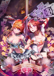 Rule 34 | 2girls, alice in wonderland, animal ears, bad id, bad pixiv id, bandeau, bare shoulders, black legwear, blue eyes, bracelet, breasts, card, cheshire cat (alice in wonderland), cleavage, crown, earrings, english text, flower, garter straps, hxxg, jewelry, large breasts, long hair, march hare (wonderland), midriff, mini crown, miniskirt, multiple girls, navel, open mouth, orange hair, pasties, personification, playing card, pole, pole dancing, purple eyes, queen of hearts (alice in wonderland), rabbit ears, red hair, rose, skirt, smile, stripper, tattoo, thighhighs, white legwear, wrist cuffs