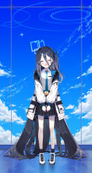 Rule 34 | &lt;key&gt; (robot) (blue archive), 1girl, absurdly long hair, absurdres, aris (blue archive), black hair, blue archive, blue necktie, blue sky, closed eyes, cloud, halo, handheld game console, highres, iamahri1994, long hair, necktie, pleated skirt, shoes, side ponytail, skirt, sky, socks, very long hair