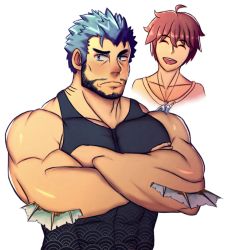 Rule 34 | 2boys, absurdres, alternate facial hair, bara, bare shoulders, beard, black tank top, blue eyes, blue hair, blush, covered abs, crossed arms, embarrassed, eros (erosterone), facial hair, fins, fish boy, highres, huge filesize, male focus, mature male, multiple boys, muscular, muscular male, pectorals, protagonist 4 (housamo), shirt, short hair, sideburns, smile, tank top, tight clothes, tight shirt, tokyo houkago summoners, triton (housamo), upper body, yaoi