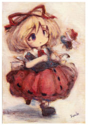 Rule 34 | 1girl, beige background, black shirt, blonde hair, blue eyes, border, bubble skirt, commentary request, feet out of frame, kouba, medicine melancholy, open mouth, puffy short sleeves, puffy sleeves, red neckwear, red ribbon, red skirt, ribbon, shadow, shirt, short hair, short sleeves, signature, skirt, su-san, touhou, traditional media, white border