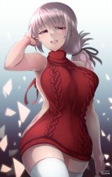 Rule 34 | 1girl, 2017, aran sweater, arm up, backless dress, backless outfit, black ribbon, braid, breasts, cable knit, cowboy shot, dated, dress, fate/grand order, fate (series), florence nightingale (fate), hair ribbon, halterneck, hand in own hair, highres, large breasts, long hair, looking at viewer, meme attire, mku, naked sweater, open mouth, ribbed sweater, ribbon, signature, single braid, smile, solo, sweater, sweater dress, teeth, thighhighs, turtleneck, turtleneck sweater, twitter username, virgin killer sweater, white thighhighs