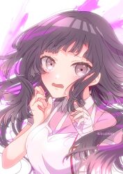 Rule 34 | 1girl, airabi, apron, bandages, black hair, blush, breasts, danganronpa (series), danganronpa 2: goodbye despair, hand up, highres, large breasts, long hair, looking at viewer, mole, mole under eye, open mouth, pink background, puffy short sleeves, puffy sleeves, shirt, short sleeves, solo, tsumiki mikan, white background