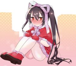 Rule 34 | 1girl, black hair, blush, boots, dress, gloves, hair ribbon, legs, legs together, long hair, looking at viewer, mix tou, polka dot, polka dot background, rance (series), rance 10, red eyes, ribbon, santa boots, santa costume, santa dress, santa gloves, shikosour, simple background, sitting, solo, sweatdrop, thighs, twintails, very long hair