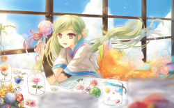 Rule 34 | 1girl, :d, blurry, brown eyes, ceru, depth of field, flower, green hair, hair ornament, long hair, looking at viewer, open mouth, original, pixiv-tan, side ponytail, smile, solo, wind