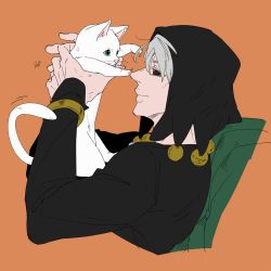Rule 34 | 1boy, animal, black sclera, cat, closed mouth, colored sclera, commentary request, cropped torso, from side, grey hair, hands up, hat, hat bobbles, highres, holding, holding animal, holding cat, jojo no kimyou na bouken, light smile, long sleeves, looking at animal, male focus, motion lines, profile, red eyes, risotto nero, signature, simple background, vento aureo, white cat, zino