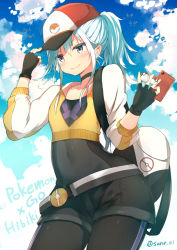 Rule 34 | 1girl, artist name, bag, baseball cap, belt, belt buckle, between fingers, black gloves, black shorts, blue eyes, blue sky, buckle, character name, closed mouth, cloud, collarbone, copyright name, cosplay, covered navel, cowboy shot, day, female protagonist (pokemon go), female protagonist (pokemon go) (cosplay), fingerless gloves, gloves, handbag, hat, hibiki (kancolle), high ponytail, holding, holding hat, kantai collection, leggings, long sleeves, looking at viewer, outdoors, over shoulder, poke ball, poke ball print, pokedex, pokemon, pokemon go, ponytail, shorts, sidelocks, skin tight, sky, small breasts, smile, solo, standing, sune (mugendai), suneo, translation request, twitter username