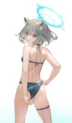Rule 34 | 1girl, absurdres, adjusting clothes, adjusting swimsuit, animal ears, ass, bikini, black bikini, blue archive, blue eyes, bright pupils, cat ears, closed mouth, controlline3, cowboy shot, from behind, gradient background, grey hair, hair ornament, halo, halterneck, highres, looking back, shiroko (blue archive), short hair, simple background, solo, swimsuit, thigh strap