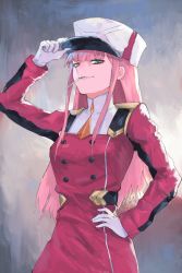 Rule 34 | 10s, 1girl, arm up, blunt bangs, breasts, buttons, darling in the franxx, double-breasted, dress, eyeshadow, gloves, gradient background, green eyes, grin, hand on headwear, hand on own hip, hat, long hair, long sleeves, looking at viewer, makeup, medium breasts, military, military uniform, mouth hold, parted lips, peaked cap, pink hair, quentin lecuiller, red dress, sidelocks, smile, solo, standing, straight hair, tsurime, uniform, upper body, very long hair, white gloves, white hat, zero two (darling in the franxx)