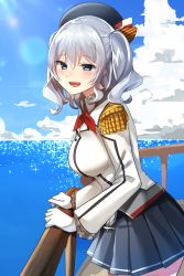 Rule 34 | 1girl, absurdres, beret, black hat, black skirt, blue eyes, blue sky, breasts, cloud, day, epaulettes, frilled sleeves, frills, from side, gloves, hat, highres, jacket, kantai collection, kashima (kancolle), katsuobushi (eba games), kerchief, large breasts, long sleeves, military, military jacket, military uniform, miniskirt, neckerchief, outdoors, pleated skirt, red neckerchief, sidelocks, silver hair, skirt, sky, solo, twintails, uniform, wavy hair, white gloves, white jacket