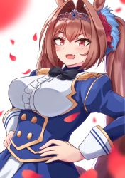 Rule 34 | 1girl, animal ears, black bow, black bowtie, blush, bow, bowtie, breasts, brown hair, crossed bangs, daiwa scarlet (umamusume), epaulettes, fang, hair bow, hair intakes, hair ornament, hands on own hips, horse ears, horse girl, large breasts, long hair, long sleeves, looking at viewer, open mouth, petals, red bow, red eyes, skin fang, smile, solo, tiara, twintails, umamusume, umedoufu, upper body, very long hair, white background