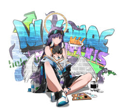 Rule 34 | 1girl, absurdres, brick wall, closed mouth, gas mask, goggles, goggles on head, graffiti, hbx, headphones, highres, hololive, hololive english, jacket, jewelry, light blush, long hair, mask, mole, mole under eye, necklace, ninomae ina&#039;nis, open clothes, open jacket, paint can, paintbrush, palette (object), pointy ears, purple hair, shoes, sitting, smile, sneakers, solo, spray paint, virtual youtuber