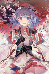 Rule 34 | 1boy, absurdres, androgynous, black gloves, blue hair, cherry blossoms, clothing request, dohyo123123, ensemble stars!, gloves, highres, japanese clothes, kimono, light blue hair, long sleeves, looking at viewer, male focus, oil-paper umbrella, open mouth, purple eyes, shino hajime, short hair, smile, solo, umbrella