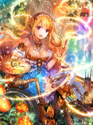 Rule 34 | 1girl, :d, arm strap, black footwear, blonde hair, blue dress, breasts, choker, cleavage, dragon tactics, dress, earrings, floating hair, frilled dress, frills, hairband, highres, holding, jewelry, long hair, medium breasts, official art, open mouth, purple eyes, rioka (southern blue sky), short dress, sitting, smile, solo, strapless, thighhighs, very long hair, wheelchair, white thighhighs, zettai ryouiki