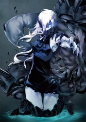 Rule 34 | 10s, 1girl, abyssal ship, black nails, blue eyes, bodysuit, boots, breasts, colored skin, covered mouth, dress, kantai collection, monster girl, nail polish, ne-class heavy cruiser, one eye covered, pale skin, pokimari, short dress, short hair, thigh boots, thighhighs, white hair, white skin