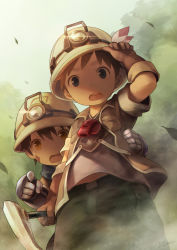 Rule 34 | 10s, 2boys, black hair, blue eyes, brown hair, child, facial mark, gloves, helmet, looking at viewer, made in abyss, mechanical arms, multiple boys, natt (made in abyss), noeyebrow (mauve), open mouth, pickaxe, pointing, regu (made in abyss), short hair, slit pupils, sweat, thick eyebrows, whistle, yellow eyes