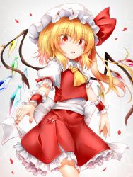 Rule 34 | 1girl, belt, blonde hair, blush, bow, breasts, collar, crystal, eyes visible through hair, flandre scarlet, frills, gradient background, grey background, hair between eyes, hat, hat ribbon, highres, looking at viewer, marukyuu ameya, mob cap, multicolored wings, nail polish, open mouth, petals, ponytail, puffy short sleeves, puffy sleeves, red eyes, red nails, red ribbon, red skirt, red vest, ribbon, shirt, short hair, short sleeves, skirt, small breasts, solo, standing, touhou, vest, white background, white belt, white bow, white collar, white hat, white shirt, white sleeves, wings, wrist cuffs, yellow neckwear