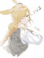 Rule 34 | 1girl, ;), absurdres, animal ears, arknights, black vest, blonde hair, braid, chinese text, closed mouth, color guide, cropped torso, green eyes, highres, kroos (arknights), kroos the keen glint (arknights), long hair, long sleeves, looking at viewer, looking to the side, one eye closed, rabbit ears, shirt, simple background, single braid, smile, solo, translation request, upper body, vest, white background, white shirt, zuo daoxing