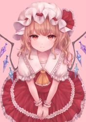 Rule 34 | 1girl, alternate hair length, alternate hairstyle, ascot, bebitera, blonde hair, brown hair, closed mouth, collared shirt, crystal, dress, flandre scarlet, frilled dress, frills, from above, hat, hat ribbon, highres, jewelry, light smile, long hair, looking at viewer, mob cap, puffy short sleeves, puffy sleeves, red dress, red eyes, red ribbon, ribbon, shirt, short sleeves, simple background, solo, touhou, white background, white hat, white shirt, wings, wrist cuffs, yellow ascot