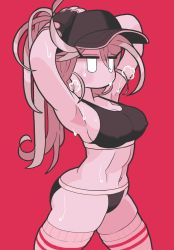 Rule 34 | 1girl, armpits, arms up, black gloves, black headwear, black panties, black sports bra, blush, covered erect nipples, fingerless gloves, gashi-gashi, gloves, grey hair, highres, long hair, monochrome, navel, no mouth, no nose, original, panties, red background, red theme, simple background, solo, sports bra, thighhighs, underwear, very long hair, white eyes